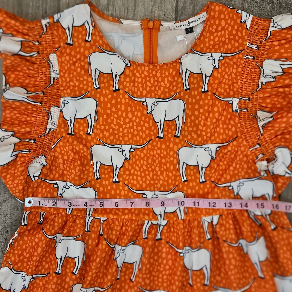 Michelle McDowell Ellen Dress Horns‎ Orange Longhorn Tiered Mini Dress Small NEW - Picture 2 of 8